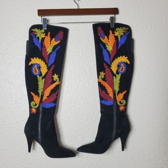 Alice + Olivia Corin Embroidered Suede Tall Heeled Boots Black Womens Size 5 - Picture 6 of 11